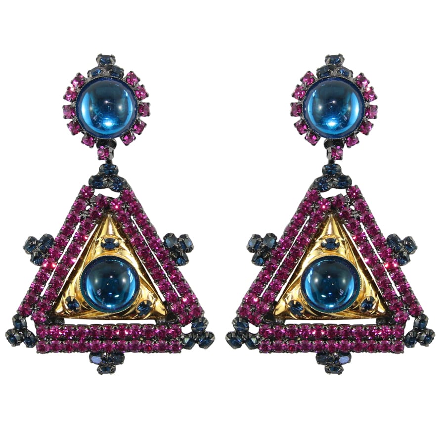 Lawrence VRBA Signed Large Statement Crystal Earrings -Fuchsia Pink, Electric Blue (clip-on)
