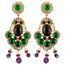 Load image into Gallery viewer, Lawrence VRBA Signed Large Statement Crystal Earrings - Red, Green, Purple, Pearl (clip-on)