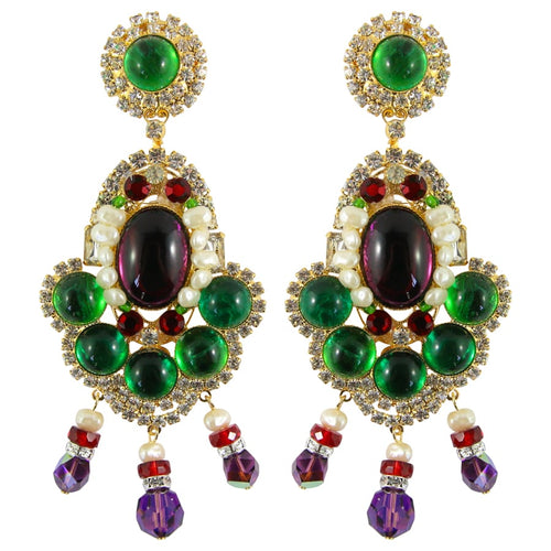 Lawrence VRBA Signed Large Statement Crystal Earrings - Red, Green, Purple, Pearl (clip-on)