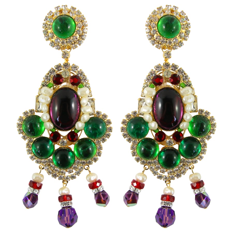 Lawrence VRBA Signed Large Statement Crystal Earrings - Red, Green, Purple, Pearl (clip-on)
