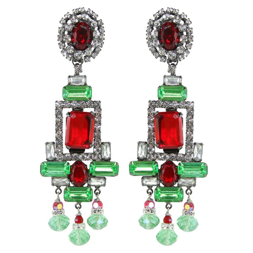 Lawrence VRBA Signed Large Statement Crystal Earrings - Light Siam Red, Peridot Green (clip-on)