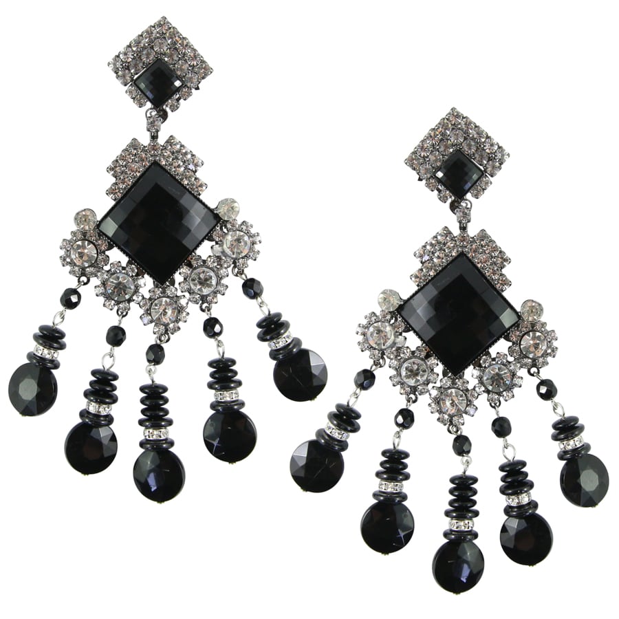Lawrence VRBA Signed Large Statement Crystal Earrings - Black, Clear (clip-on)