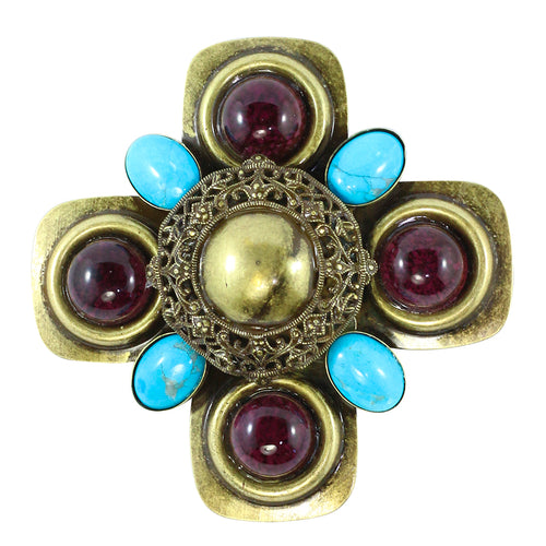 Signed Lawrence VRBA Large Military Cross Style Brooch - Turquoise, Purple