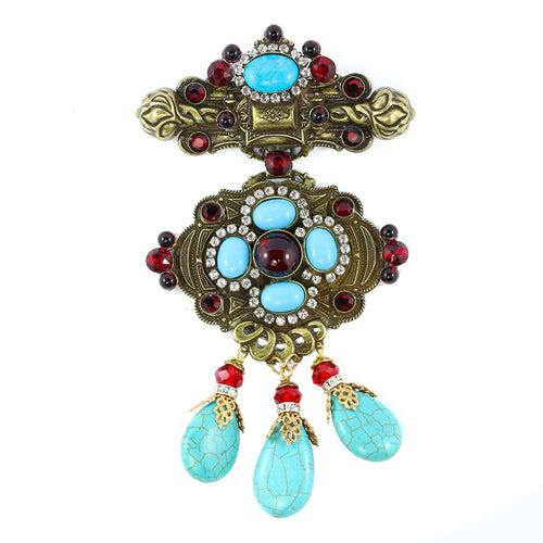 Signed Lawrence VRBA Large Statement Military Style Brooch - Turquoise, Red