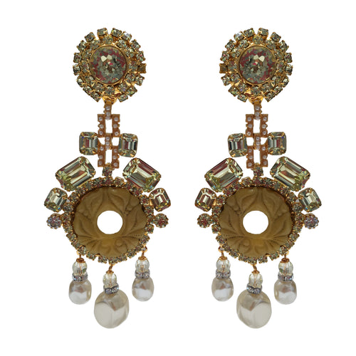 Lawrence VRBA Signed Large Statement Crystal Earrings - Citrine, Faux Pearl & Gold Tone