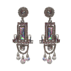 Lawrence VRBA Signed Large Statement Crystal Earrings - Rectangle Drop Aurore Boreale & Clear