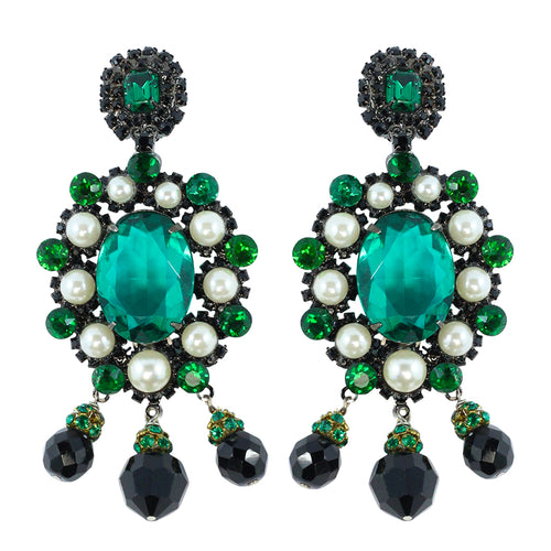 Signed Lawrence VRBA Statement Earrings - Emerald Green, Faux Pearl
