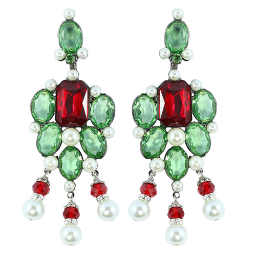 Signed Lawrence VRBA Statement Earrings - Green, Red, Faux Pearl