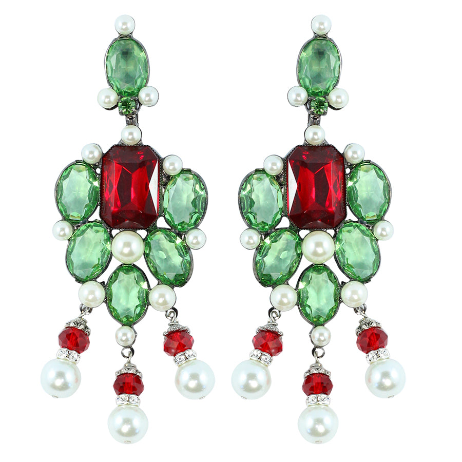 Signed Lawrence VRBA Statement Earrings - Green, Red, Faux Pearl