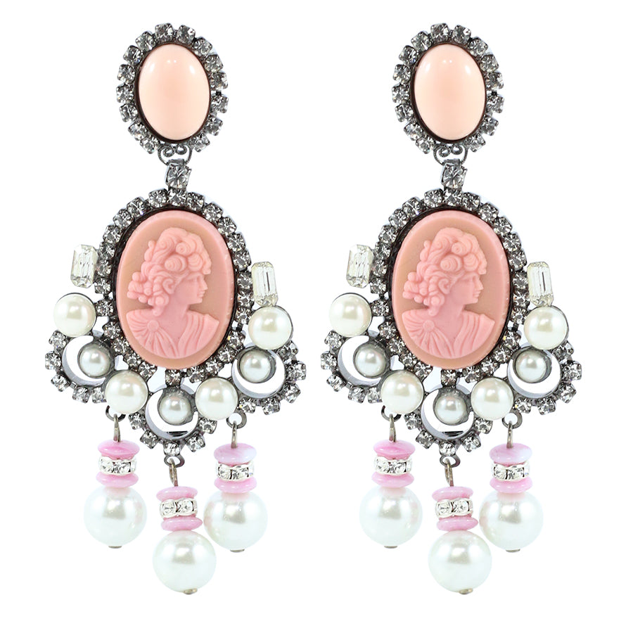 Signed Lawrence VRBA Statement Pink Cameo Earrings with Faux Pearls