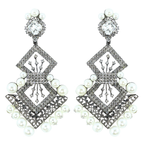 Signed Lawrence VRBA Statement Earrings - Clear Crystal & Faux Pearl