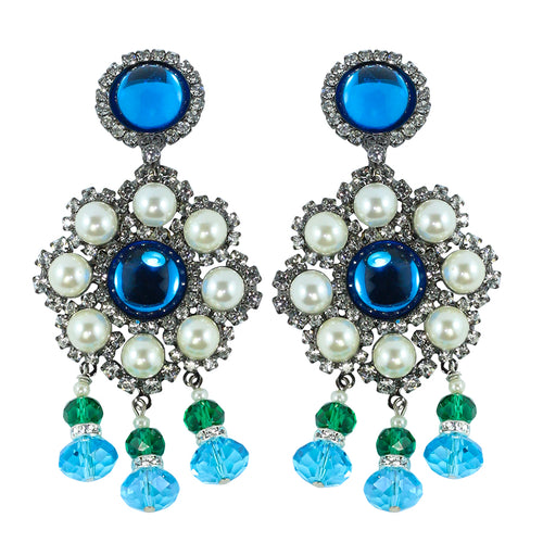 Signed Lawrence VRBA Statement Earrings - Blue, Clear, Faux Pearl