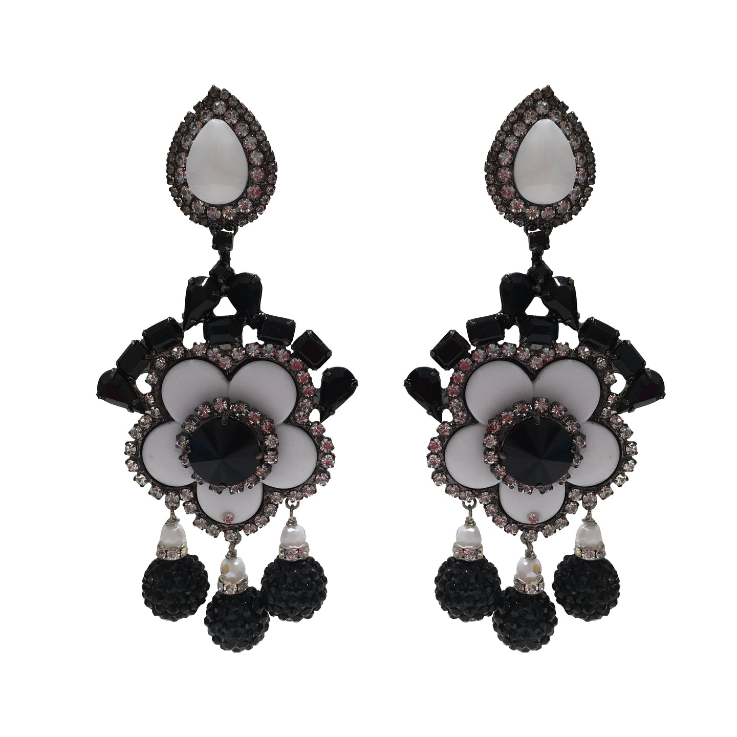 Lawrence VRBA Signed Large Statement Crystal Earrings - Black White Daisy