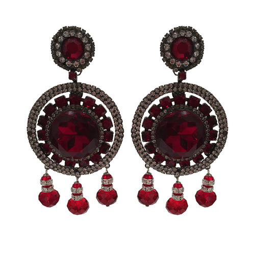 Lawrence VRBA Signed Large Statement Crystal Earrings - Circular Disc Deep Red & Clear
