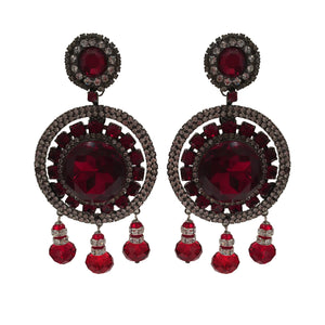Lawrence VRBA Signed Large Statement Crystal Earrings - Circular Disc Deep Red & Clear