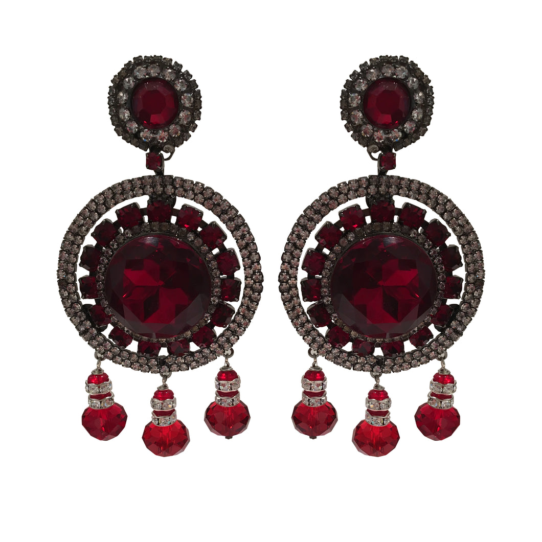 Lawrence VRBA Signed Large Statement Crystal Earrings - Circular Disc Deep Red & Clear