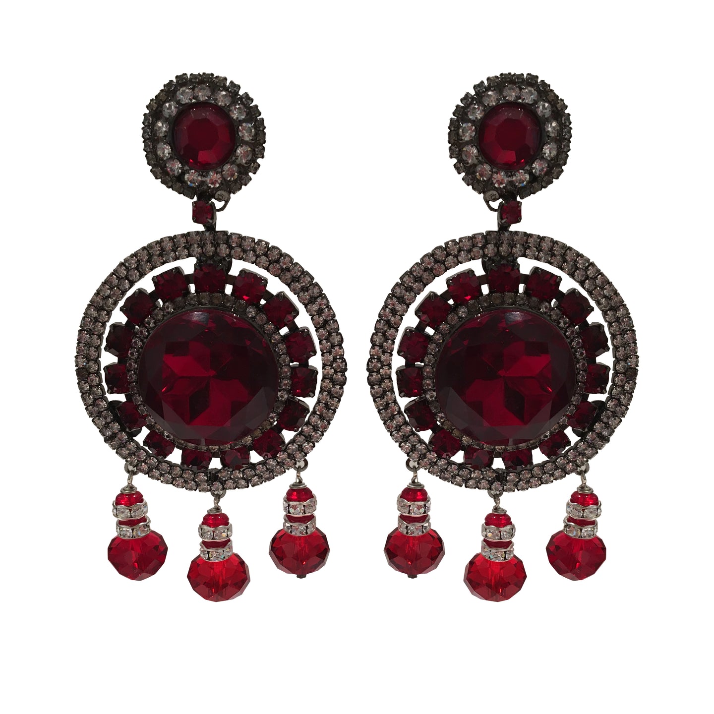 Lawrence VRBA Signed Large Statement Crystal Earrings - Circular Disc Deep Red & Clear