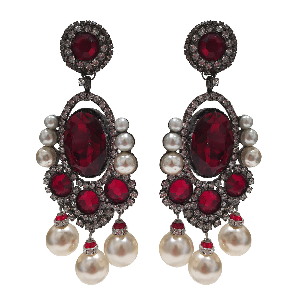 Lawrence VRBA Signed Large Statement Crystal Earrings - Deep Red & Faux Pearl