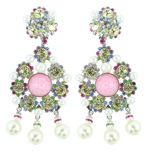 Lawrence VRBA Signed Statement Crystal Earrings - Rose Pink, Jonquil, Faux Pearl ink (Clip-on)