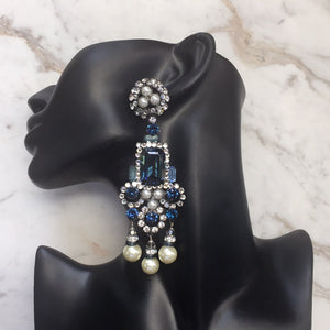 Lawrence VRBA Signed Large Statement Crystal Earrings - Sapphire Blue - Faux Pearl (clip-on)