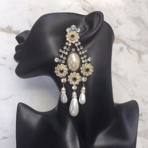 Lawrence VRBA Signed Large Statement Crystal Earrings - Daisy Flower Design - Faux Pearl (clip-on)