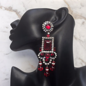 Lawrence VRBA Signed Large Statement Crystal Earrings - Ruby Red (clip-on)