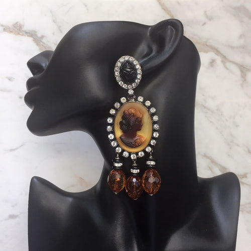 Lawrence VRBA Signed Large Statement Crystal Earrings - Amber Coloured Cameo Earrings (clip-on)