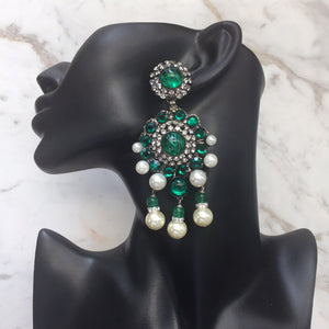 Lawrence VRBA Signed Large Statement Crystal Earrings - Emerald Green (clip-on)
