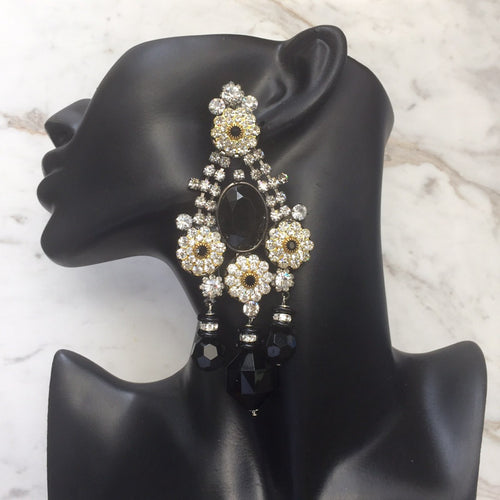 Lawrence VRBA Signed Large Statement Crystal Earrings - Black Daisy Flower Design (clip-on)