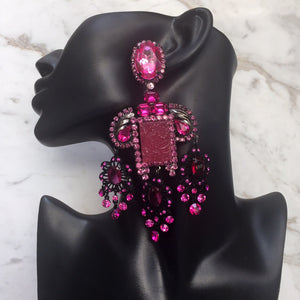 Lawrence VRBA Signed Large Statement Crystal Earrings - Fuchsia Pink (Clip-on)