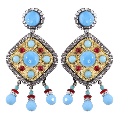 Lawrence VRBA Signed Large Statement Crystal Earrings - Faux Ruby-Turquoise (Clip-on)