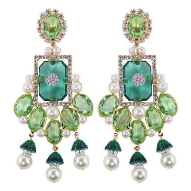 (Damaged) Lawrence VRBA Signed Large Statement Crystal Earrings - Peridot-Green-Gold (clip-on) - Harlequin Market