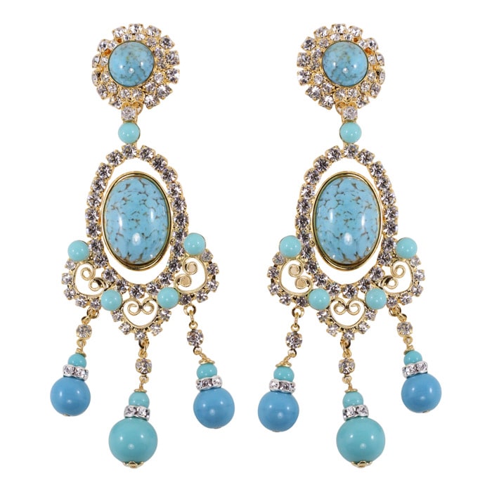 Lawrence VRBA Signed Large Statement Crystal Earrings - Faux Turquoise (clip-on)