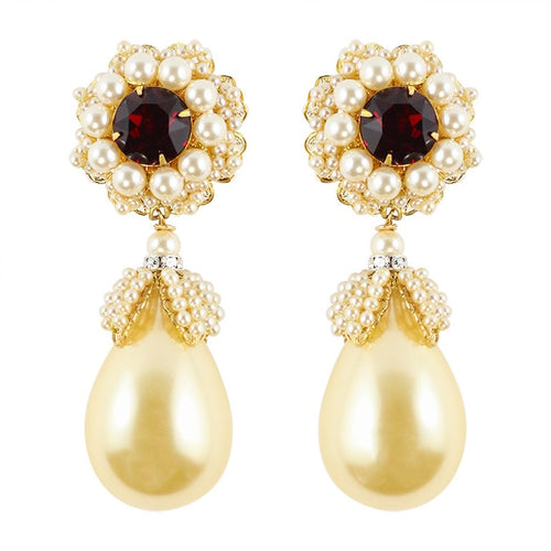 Lawrence VRBA Signed Statement Earrings - Faux Faux Pearl, Ruby (clip-on)