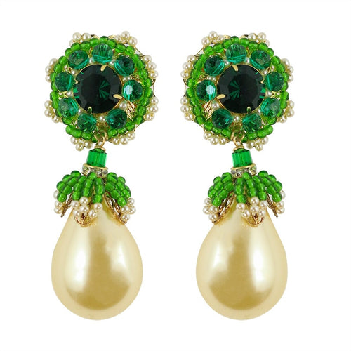 Lawrence VRBA Signed Statement Earrings - Faux Pearl, Green Crystal (clip-on)