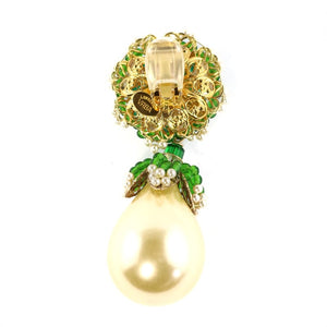 Lawrence VRBA Signed Statement Earrings - Faux Pearl, Green Crystal (clip-on)