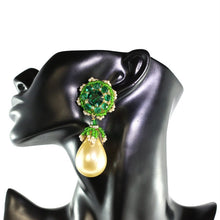 Load image into Gallery viewer, Lawrence VRBA Signed Statement Earrings - Faux Pearl, Green Crystal (clip-on)