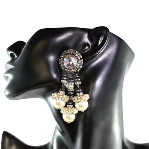 Lawrence VRBA Signed Statement Earrings - Faux Pearl, Clear Crystal (clip-on)