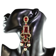 Load image into Gallery viewer, Lawrence VRBA Signed Statement Earrings - Ruby Red Cabochons (clip-on)