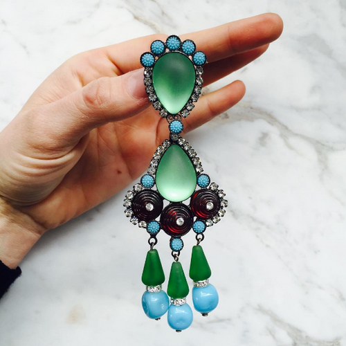 Signed Lawrence VRBA Statement Earrings - Turquoise, Clear, Green, Ruby