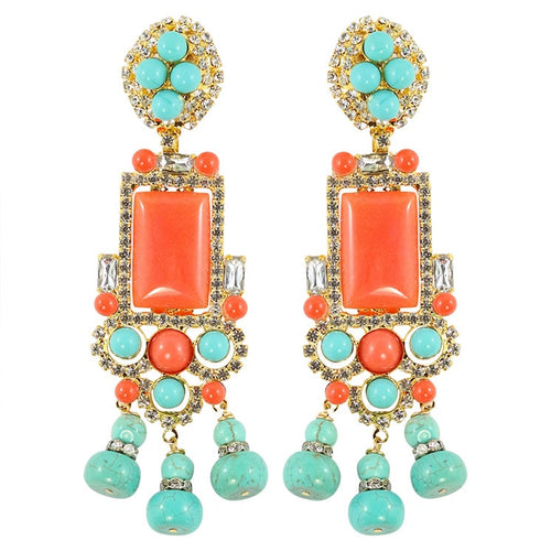 Lawrence VRBA Signed Statement Earrings - Faux Coral & Turquoise (clip-on)
