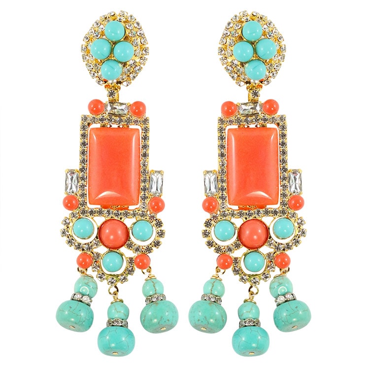 Lawrence VRBA Signed Statement Earrings - Faux Coral & Turquoise (clip-on)