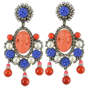 Lawrence VRBA Signed Large Statement Coral Cameo Pendant Earrings Faux Pearls