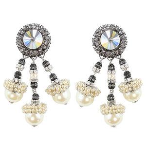 Lawrence VRBA Signed Statement Earrings - Faux Pearl, Clear Crystal (clip-on)