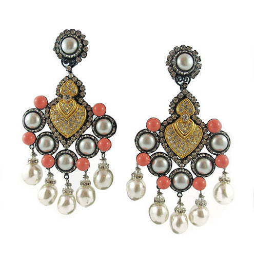 Lawrence Vrba Faux Pearl & Coral Statement Earrings