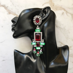 Lawrence VRBA Signed Large Statement Crystal Earrings - Light Siam Red, Peridot Green (clip-on)