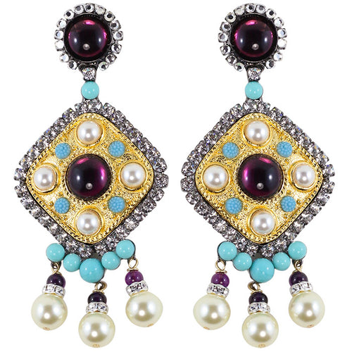 Lawrence VRBA Signed Large Statement Crystal Earrings - Amethyst-Turquoise (Clip-on)