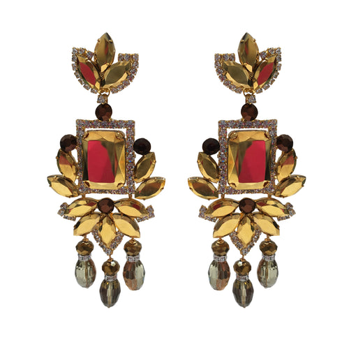 Lawrence VRBA Signed Large Statement Crystal Earrings - Golden Razzle Dazzle