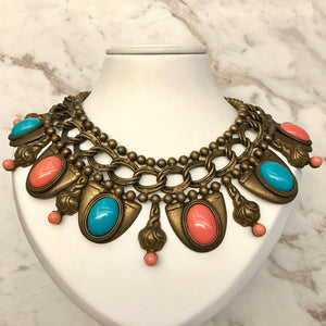 VRBA Signed Coral and Turquoise Collar Necklace