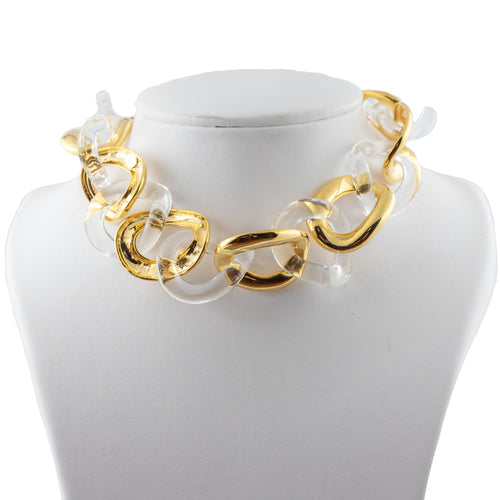 Signed Kenneth Jay Lane Polished Gold & Resin Clear Links Necklace